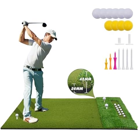 LotFun 5x4ft Dual-Turf Golf Mat with Embedded Ball Tray, Thicken Golf Hitting Mat, Golf Practice Mat with 9 Golf Balls 9 Golf Tee for Hitting, Driving, Chipping, Swing in Backyard, Garage or Basement Cover