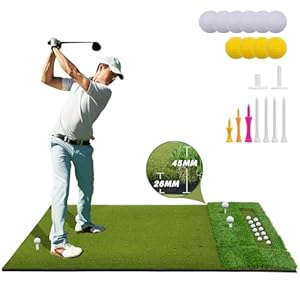 LotFun 5x4ft Dual-Turf Golf Mat with Embedded Ball Tray, Thicken Golf Hitting Mat, Practice Mat with 9 Golf Balls 9 Tee for Hitting, Driving, Chipping, Swing in Backyard, Garage or Basement