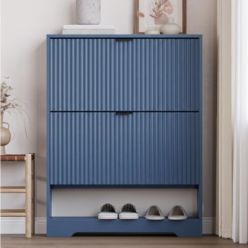 Image of BORNOON Shoe Cabinet with 2 Flip Drawers, Fluted Shoe Storage Cabinet with Adjustable Shelves, Freestanding Rack and Organizer for Entryway, Closet, Hallway