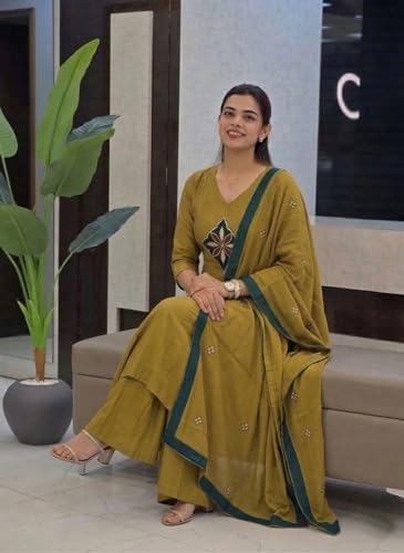 Image of ANNI Designer Kurta Sets for Women Viscose Embroidered | Kurti Set for Woman | Kurta Palazzo Dupatta Set | Straight Kurti | V Neck Full Sleeve Suit Set for Women Stylish Ethnic Outfit Clothing