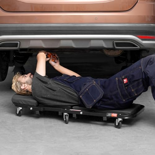 VEVOR Werkstatt Rollbrett Montagerollbrett Werkstatthocker 2 in 1 Montageliege 1016 mm lang, rollender zusammenklappbarer Mechanikerrollstuhl mit 6 Universalrädern gepolstertem Sitz, für die Garage