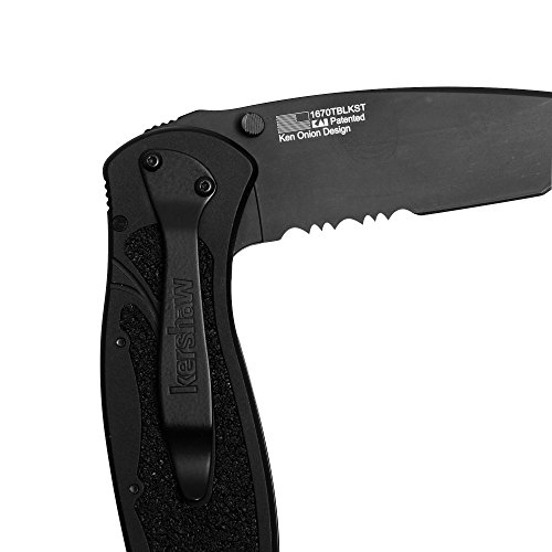 Kershaw Blur Tanto Black Serrated Pocket Knife (1670Tblkst); 3.4 Inch Cerakote Finish Blade, Sandvik 14C28N Steel, Partially Serrated Blade; Speedsafe Opening, Reversible Pocketclip #TOP6