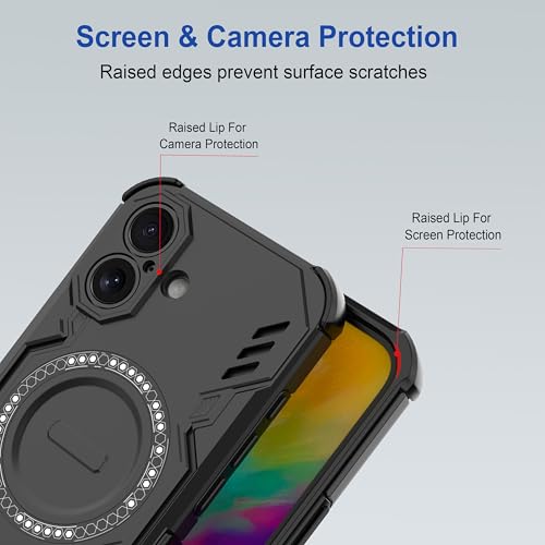 Image of amazon basics Back Case Cover for iPhone 16 | Magnetic Case with Built-in Metal Ring | Supports Mag-Safe Charger, Wallet & Car Mount | Shockproof Hybrid PC + TPU | Black
