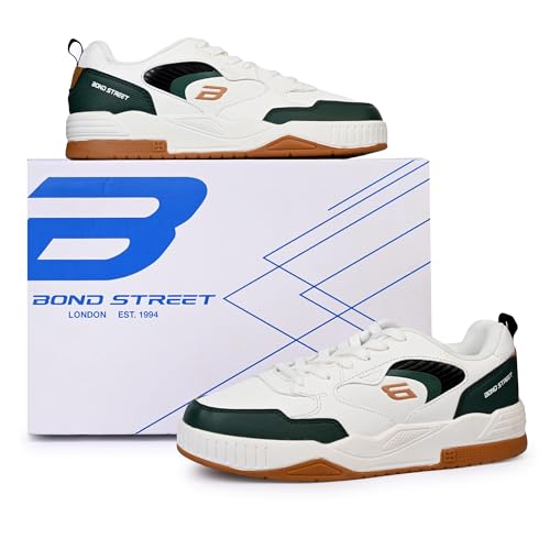 Image of Bond Street Men's White & Olive Casual Sneakers | PU Upper Lace-Up Shoes with Durable PVC Sole | Stylish & Comfortable Footwear for Men