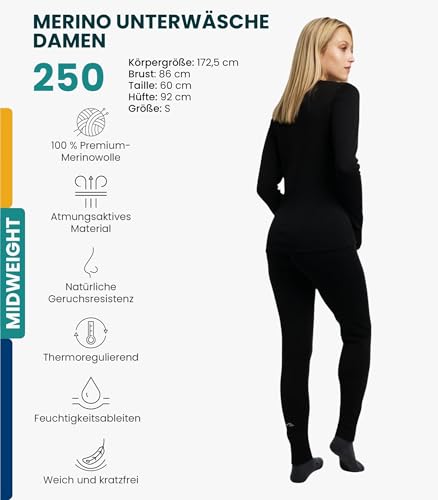 Merino.tech Merino Baselayer Set für Damen - Mittelschwere Thermo-Unterwäsche aus Merinowolle für Damen Oben und Unten (Small, 250 Black)