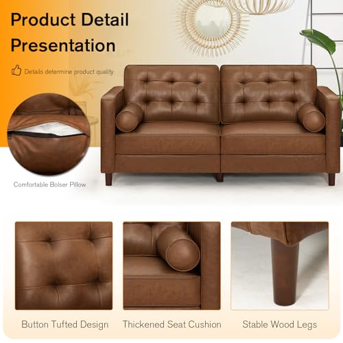 Image of 67 Inches Modern Faux Leather 2-Seat Sofa w /2 Bolster Pillows & Tufted Backrest, Mid-Century Couch, Premium 2 Seaters Sofa for Living Room, Bedroom, Office, Brown