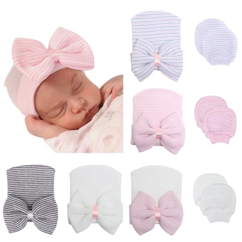 Image of BQUBO Newborn Baby Caps Mittens for Baby Girls Baby Hats Scratch Mitten Gloves Set Soft Hospital Hat Infant Hats with Bow