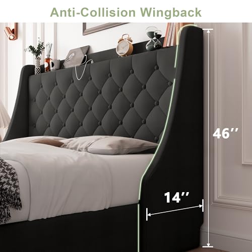 Image of Feonase Upholstered Full Size Bed Frame with 4 Storage Drawers, Large Wingback Storage Headboard, No Box Spring Needed, Black