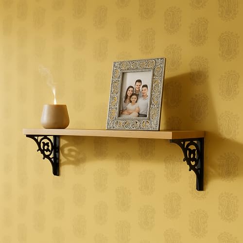Image of Wall Shelf with Wooden Top Black|White Iron Brackets Storage Rack|Industrial Wall-Mounted Floating Shelf for Living Room,Kitchen,Bathroom (Black Single Floral Small)