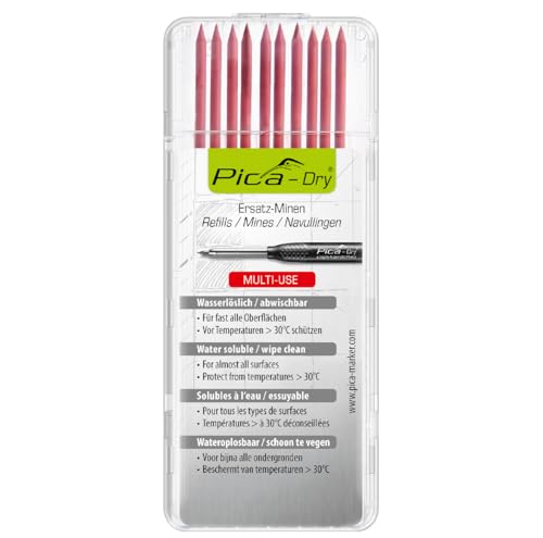 Pica 4031 I 10tlg. Ersatzminen-Set für Pica Dry 3030 I Multi-Use für fast alle Oberflächen I wasserlöslich von glatten Flächen feucht abwischbar I Etui mit 10 Minen in rot