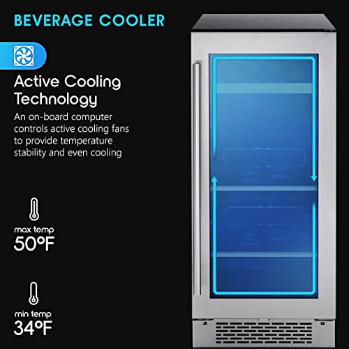 Zephyr Presrv 15" Wine Fridge & Beverage Refrigerator Single Zone Under Counter - Mini Wine Cooler Cellars Small Beer Cabinet Drink Chiller Freestanding With French Glass Door, 4 Bottles, 64 Cans #TOP1