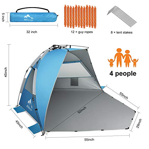 Oileus X-Large 4 Person Beach Tent Sun Shelter - Portable Sun Shade Instant Tent for Beach with Carrying Bag, Stakes, 6 Sand Pockets, Anti UV for Fishing Hiking Camping, Waterproof Windproof, Blue2
