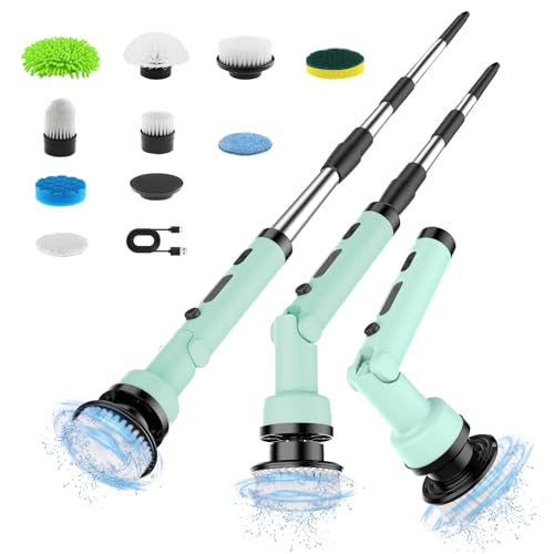 Image of 3 Angle Adjustable Electric Spin Scrubber, 3-Speed IPX7 Waterproof Cordless Power Cleaning Brush with Adjustable Extension Handle, Shower Scrubber with 9 Replaceable Brush Heads for Bathroom