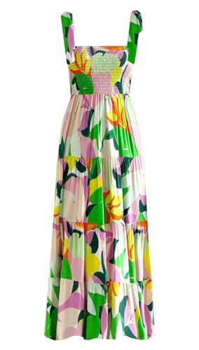 Image of kinstell Women's Summer Boho Spaghetti Strap Square Neck Ruffle Casual Flowy Long Dress Beach Swing Party Maxi Dress
