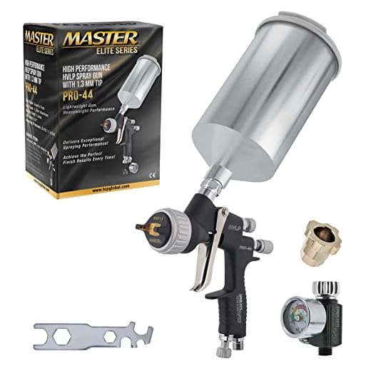 Master Pro 44 Series High Performance HVLP Spray Gun with 1.3mm Tip with Air Pressure Regulator Gauge - Ideal for Automotive Basecoats, Clearcoats - Advanced Atomization Technology