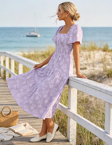 Image of ZESICA Wedding Guest Dresses for Women Summer 2026 Boho Floral Midi Dress Flowy Beach Vacation Graduation Long Dresses