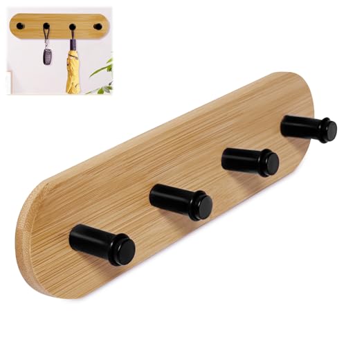 Kleiderhaken Wand, Garderobenleiste Selbstklebend Hakenleiste Holz Wandgarderobe Natur Bambus mit 4 Haken für Tür Eingang Küche Schlafzimmer, für Handtuch Taschen Schlüssel