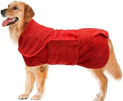 Hxuolue大型犬用犬用プール犬用バスローブタオル超吸収性マイクロファイバー調節可能な速乾性コートペット厚手の柔らかいローブ、ペット乾燥コレクションマイクロファイバータオル 速乾性 犬用バスタオル 暖かい コーギー 犬服 (M,レッド)