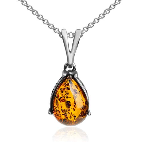 Amber Sterling Silver Drop Pendant Necklace Chain 18