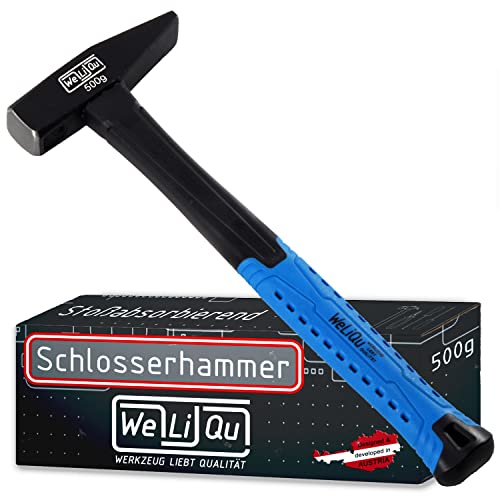WeLiQu® Schlosserhammer 500 g, Fiberglas + Langloch-Dämpfung, Hammer mit rutschfestem Griff und Glasfaserkern im Stiel, federt den Schlag hervorragend ab (Impact Reduce Technology) Cover