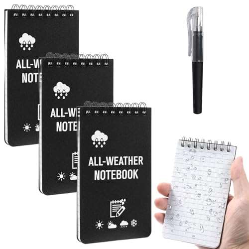 Ayicheyl 3 peças livres, pequeno impermeável, A7 caderno de bolso resistente à água com caneta esferográfica, caderno espiral mini bloco de notas To Do List Notebook para viagens (preto)