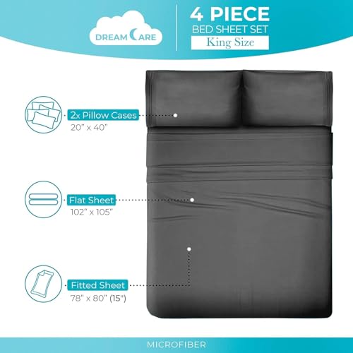 Image of DREAMCARE King Size Sheets Set - 4 pcs Breathable Cooling Sheets - up to 15 inch Deep Pocket King Sheet Set with Side Pockets - Extra Soft 100% Brushed Hypoallergenic Hotel Luxury Bedding Dark Gray