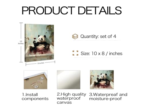 Image of Frimeeme 4 Piece Framed Funny Panda Canvas Wall Art, 8x10 Inch