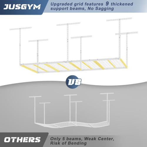 Image of Jusgym 3X8FT Overhead Garage Storage Rack, 26 inch-40 inch Height Adjustable Garage Ceiling Storage Racks, Heavy Duty Metal Overhead Storage Organizer System, 750LBS Weight Capacity, White
