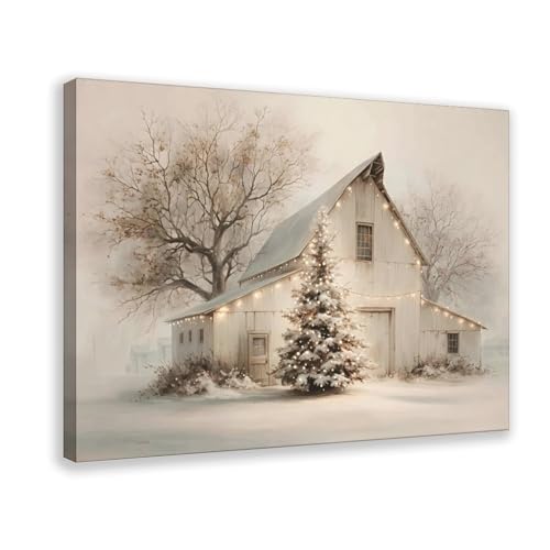 Christmas-Decorated Barn Winter Scene Vintage Abstract Canvas Wall Art -