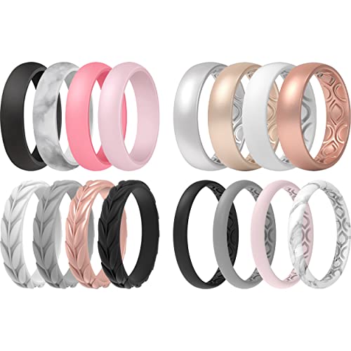 ThunderFit Silicone Wedding Bands for Women, Classic Leaf and Thin Patterned 16 Mixed Rubber Engagement Rings
