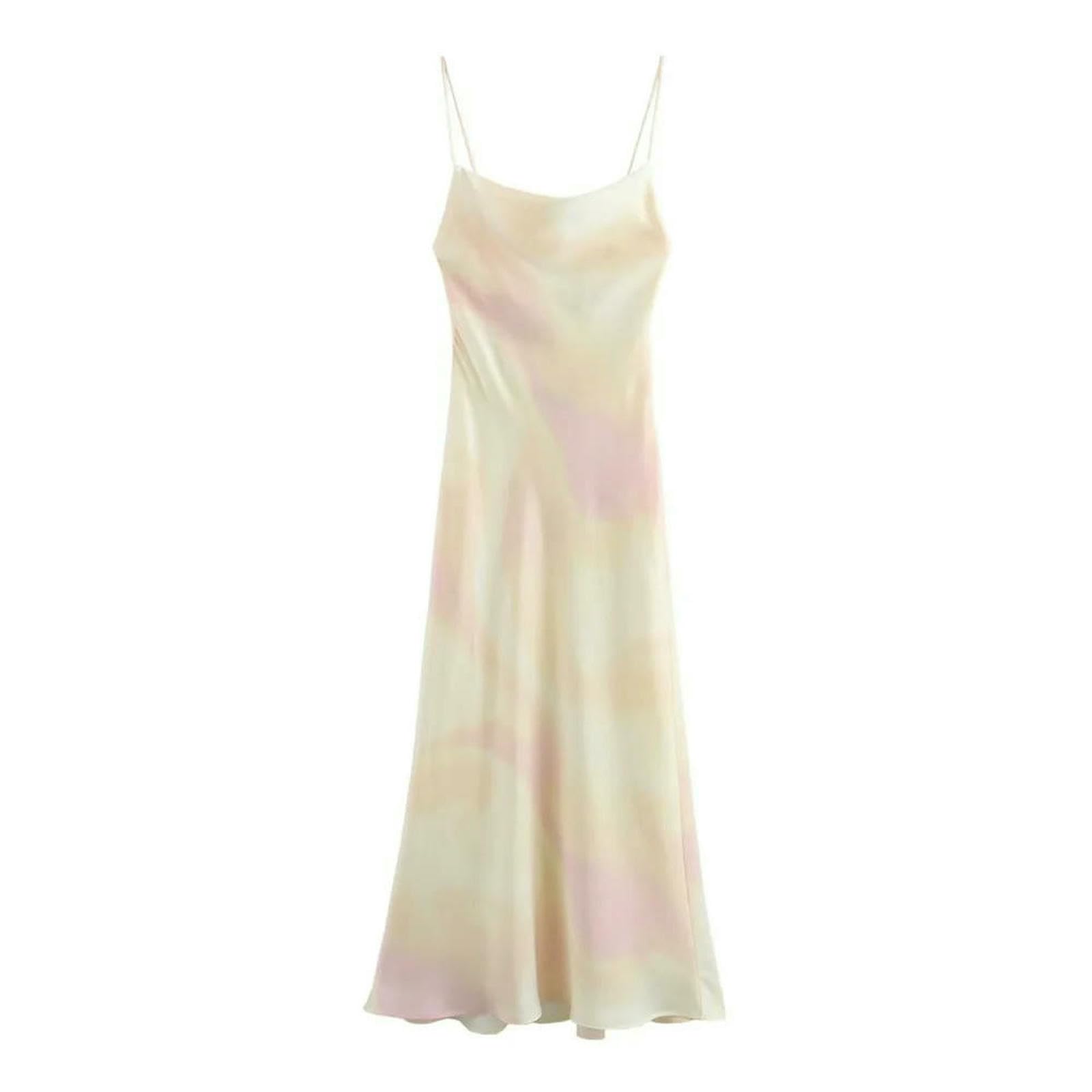 Abito Donna Invernale Summer Casual Women's Vacation Style Silk Satin Texture Cravatta Tinta di Sling Midi-Multi-l