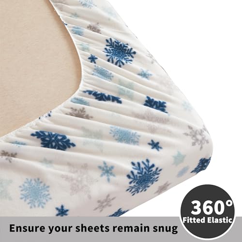 Image of Viviland Plush Christmas Holiday Micro Fleece Queen Bed Sheet Set, Soft Fuzzy Polar Fleece Velour Velvet Queen Snowflake Printed Sheets, Extra Warm Winter Fleece Bed Sheets