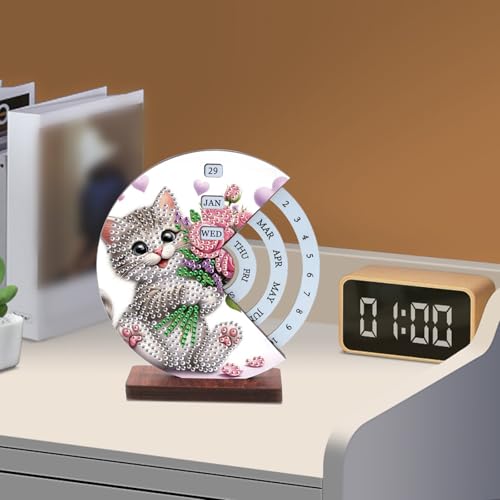 Image of AiYuanzsh 3D Diamond Art Tabletop Perpetual Calendar Kit, DIY Wooden Desktop Ornament with Cute Cat Design, Sparkling Diamond Painting Desk Decoration Gift for Home & Office