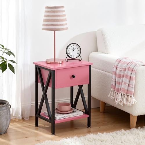 Image of VECELO Nightstand,Modern Bedside End Table, Night Stand with Drawer and Storage Shelf for Living Room Bedroom, Industrial Metal Frame