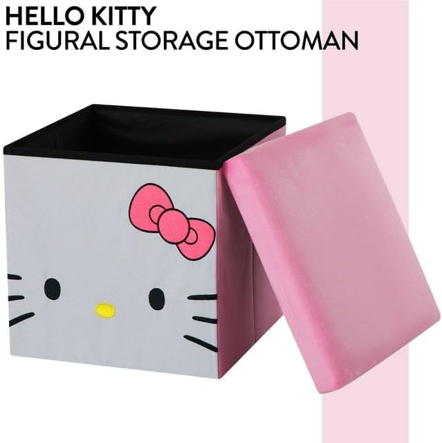 Sanrio Hello Kitty Collapsible Storage Ottoman Cube with Lid, Pink Plush Seat Storage Box Organizer for Kids Bedroom, Playroom, Closet & Living Room.15"x15"