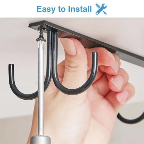 Image of Under Cabinet Mug Rack - 8 Hook Coffee Cup Holder, Under Shelf Hanging Mug Organizer for Kitchen, Bar & Utensils, Space Saving Metal Rack (Black)
