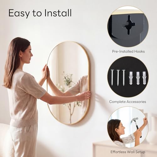 Image of Sweetcrispy 20 inch x 30 inch Gold Bathroom Mirror for Wall, Oval Wall Mirror with Metal Frame, Tempered Glass, Modern Vanity Mirror for Over Sink, Living Room, Bedroom, Entryway, Horizontal or Vertical