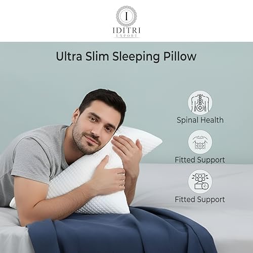 Image of Memory Foam Pillow Set of 2, Ultra Slim White Geometric Design for Spinal Health, Breathable Jacquard Bedding with Zipper, Orthopedic Support for Stomach,55 x 40 x 5 cm