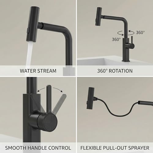 Image of InArt 360 Rotatable Brass Kitchen Faucet, Pull Out Kitchen Faucet with Waterfall Design (Black Matt)
