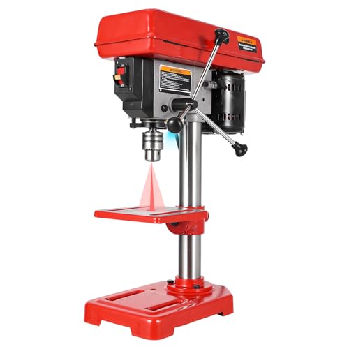 8" Benchtop Drill Press, Laser Ray (Class II Max. 1mW), Tabletop Drilling Machine with 5 Adjustable Speeds (620 to 3100 RPM), 0-45°Tilting Worktable with LED Light (1W), for Wood or Metal