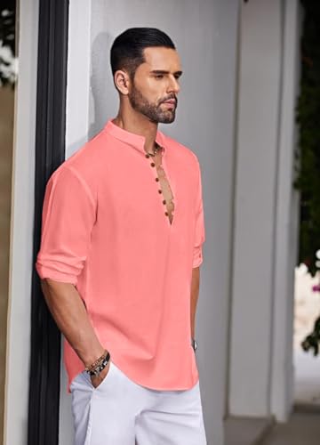 Image of Macsivo Men's Stylish Mandarin Collar Kurta | Casual Ethnic Fusion Shirt for Daily, Party & Travel | Full Sleeves | Cotton Blend Comfort Fit Short Kurta