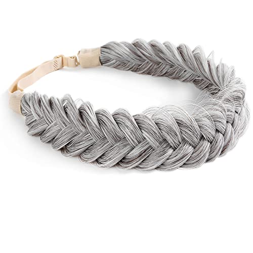 TOECWEGR Extensions Headband Hair Band Braided Classic Chunky Wide Plaited Wedding Fluffy Braids Wig Women Girl Beauty Accessory (Silver)
