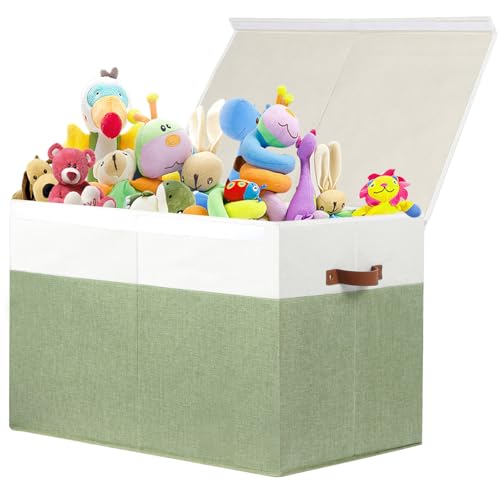 Gowee Large Toy Storage Box with Lid, Sturdy Toys Storage Chest Bin Organizer Basket with Dividers for Kids, Boys, Girls, Nursery, Closet, Bedroom, Playroom 26"x17" x17" (Green and White)
