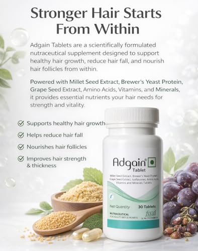 Image of Adgain Tablet for Hair Growth & Hair Fall Control | Biotin, Amino Acids, Grape Seed Extract & Multivitamins | Nutraceutical Supplement for Men & Women | 30 Tablets