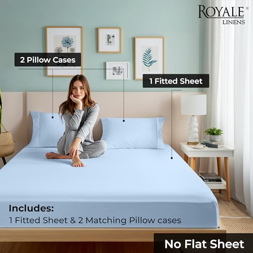 Image of Royale Linens Fitted Sheet With Pillowcases - King Fitted Sheets With 2 Pillowcases - 300 Thread Count 100% Organic Cotton - Fit Mattress Up to 18 inch Deep - Soft & Breathable - Lake Blue (No Flat Sheet)