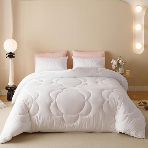 CLOTHKNOW White Queen Comforter Set 3Pcs Daisy Puff Pattern Bedding Sets Solid White Comforter with 2 x Pillowcases, Soft All Season Lightweight, Breathable