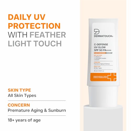 Image of DERMATOUCH C-Defense SPF 50 PA++++ Fluid Sunscreen with Vitamin C & Ceramides | Broad Spectrum | For Premature Aging, Dullness & Sunburn | Zero White Cast | Lightweight Daily Sunscreen | In-Vivo & In-Vitro Tested | 30ml