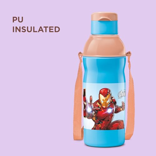 Image of Milton Marvel Kool Elite 600 Insulated Water Bottle for School Kids I Food Grade I Leak Proof Flip Top Lid, Easy to Carry Loop, Insulated Thermo Sipper Bottle for Kids,492 ml,Sky Blue (Iron Man print)