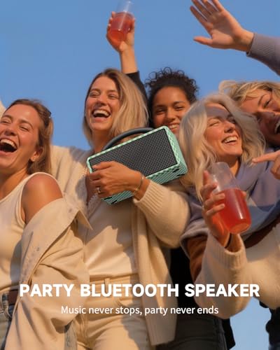 Image of DINDIN Portable Bluetooth Speaker: 80W (Peak), 20H Playtime, Loud Wireless Wood Speakers with Bass, AUX and USB Input, Subwoofer, TWS Pairing, Vintage Speaker for Outdoor, Home, Office (White+Green)