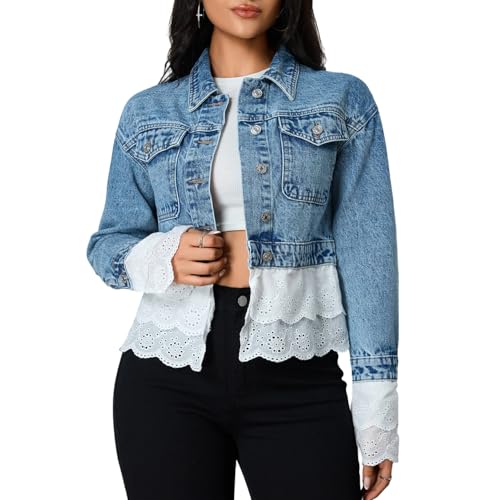 Saklifuo Veste en jean pour femme, coupe ajustée, bordure à revers en dentelle, boutonnée, décontractée, veste en jean courte tendance avec poches de...